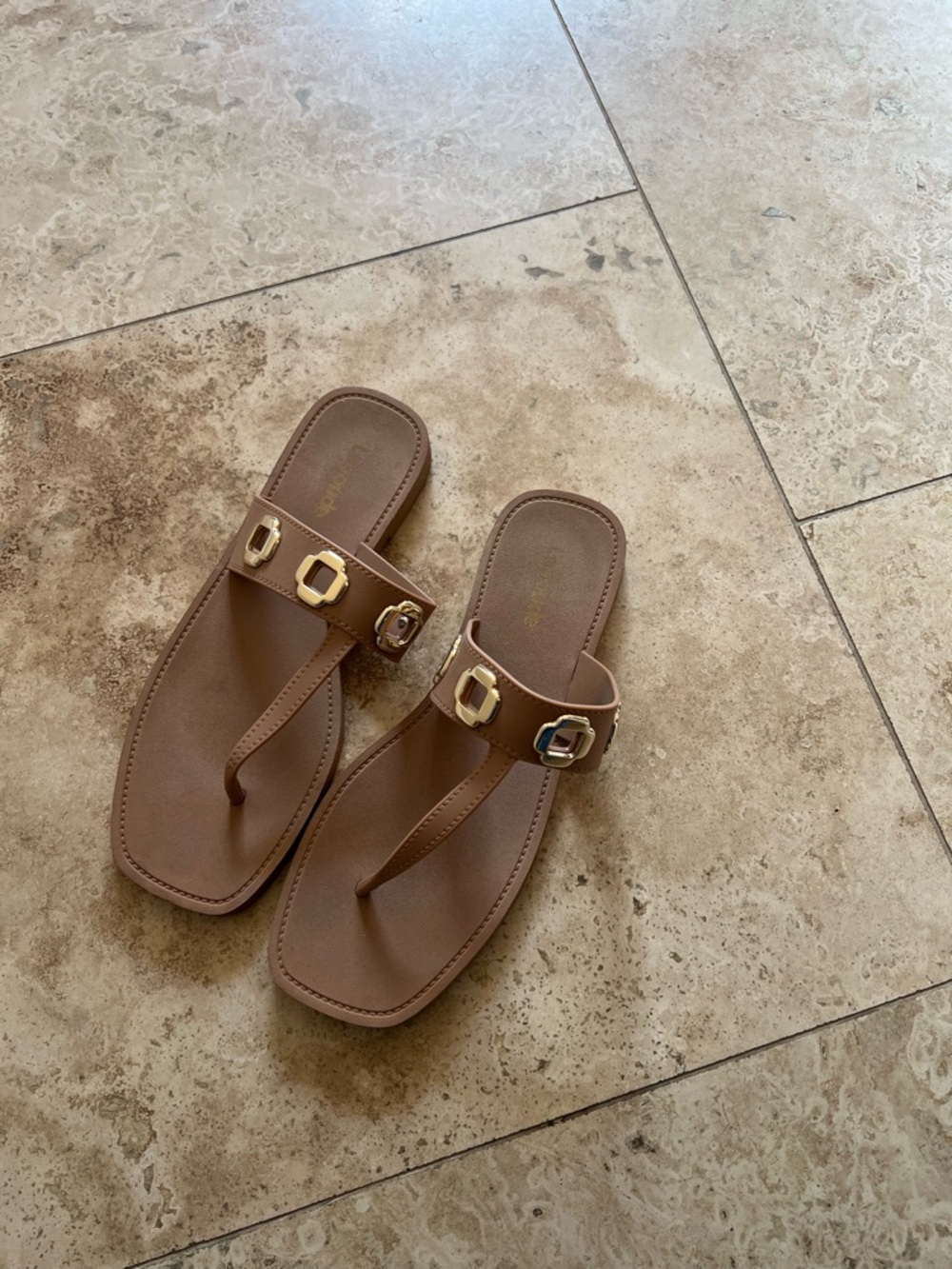 Larroude Jelly Thong Brown Sandals with Gold Buckle Detail